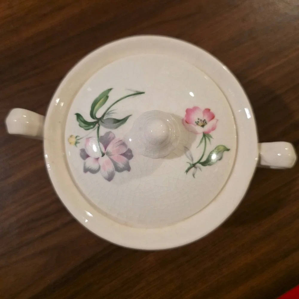 Vintage Floral Ceramic Sugar Bowl Lid Cream Pink Crazed Glaze Pedestal Grandma